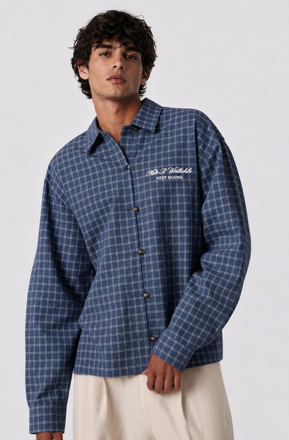 Slate Check Cropped Mandarin Shirt