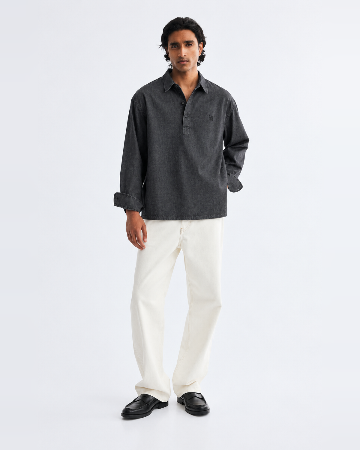 Washed Black Denim Half-Placket Boxy-Fit Shirt