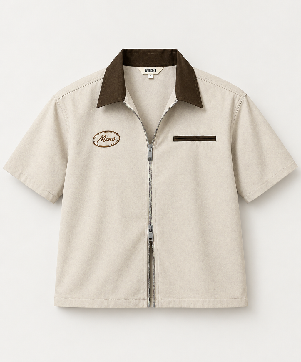 Dune- Contrast Collar Boxy Fit Utility Zip Shirt – Beige