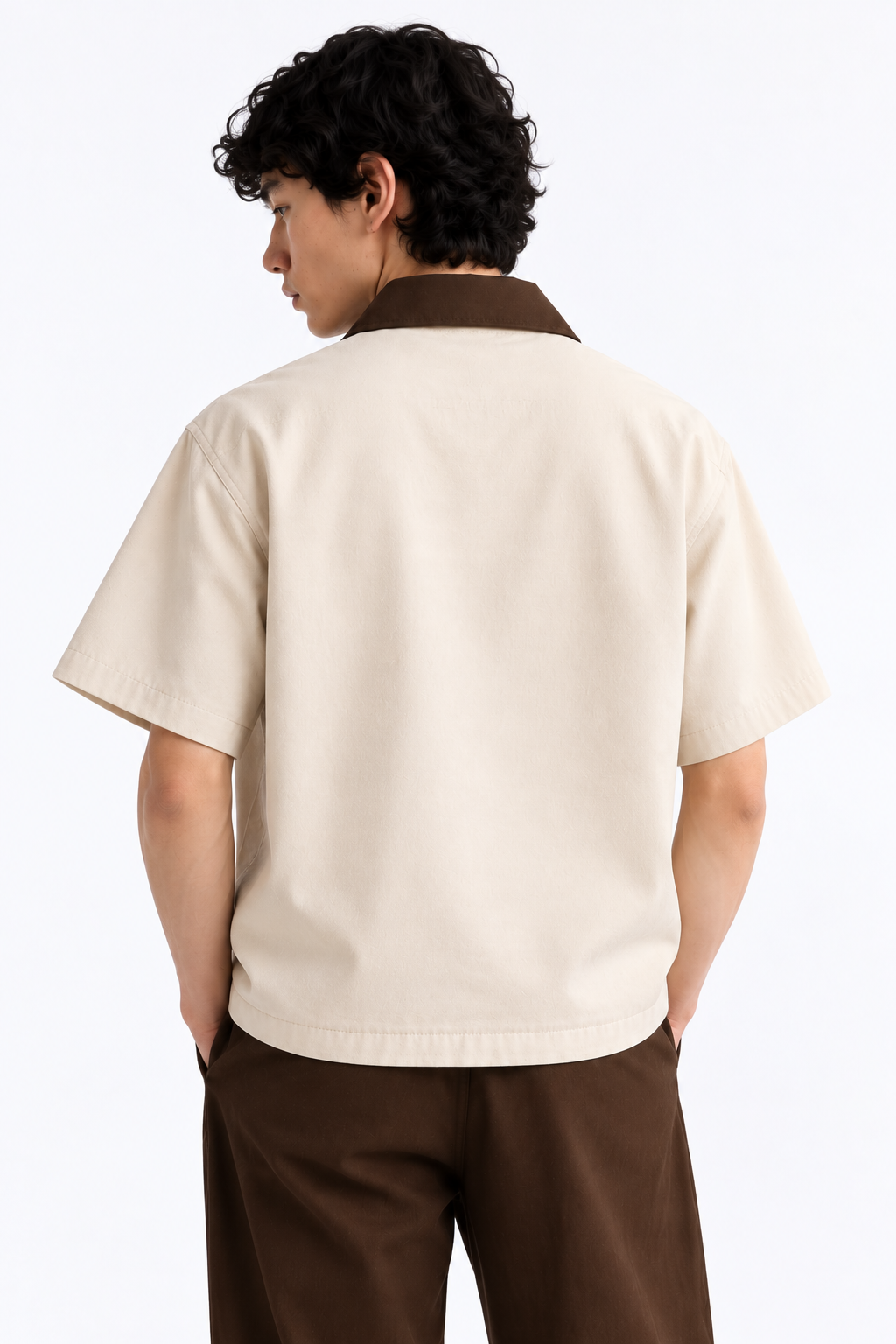Dune- Contrast Collar Boxy Fit Utility Zip Shirt – Beige