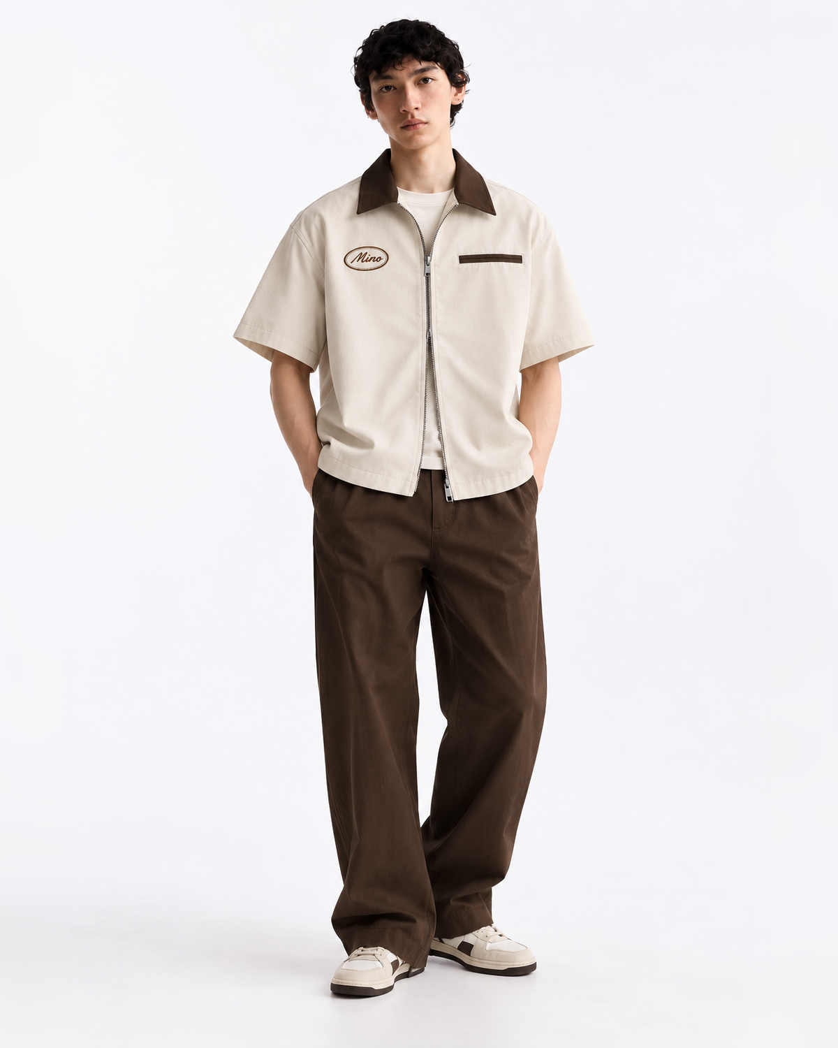 Dune- Contrast Collar Boxy Fit Utility Zip Shirt – Beige