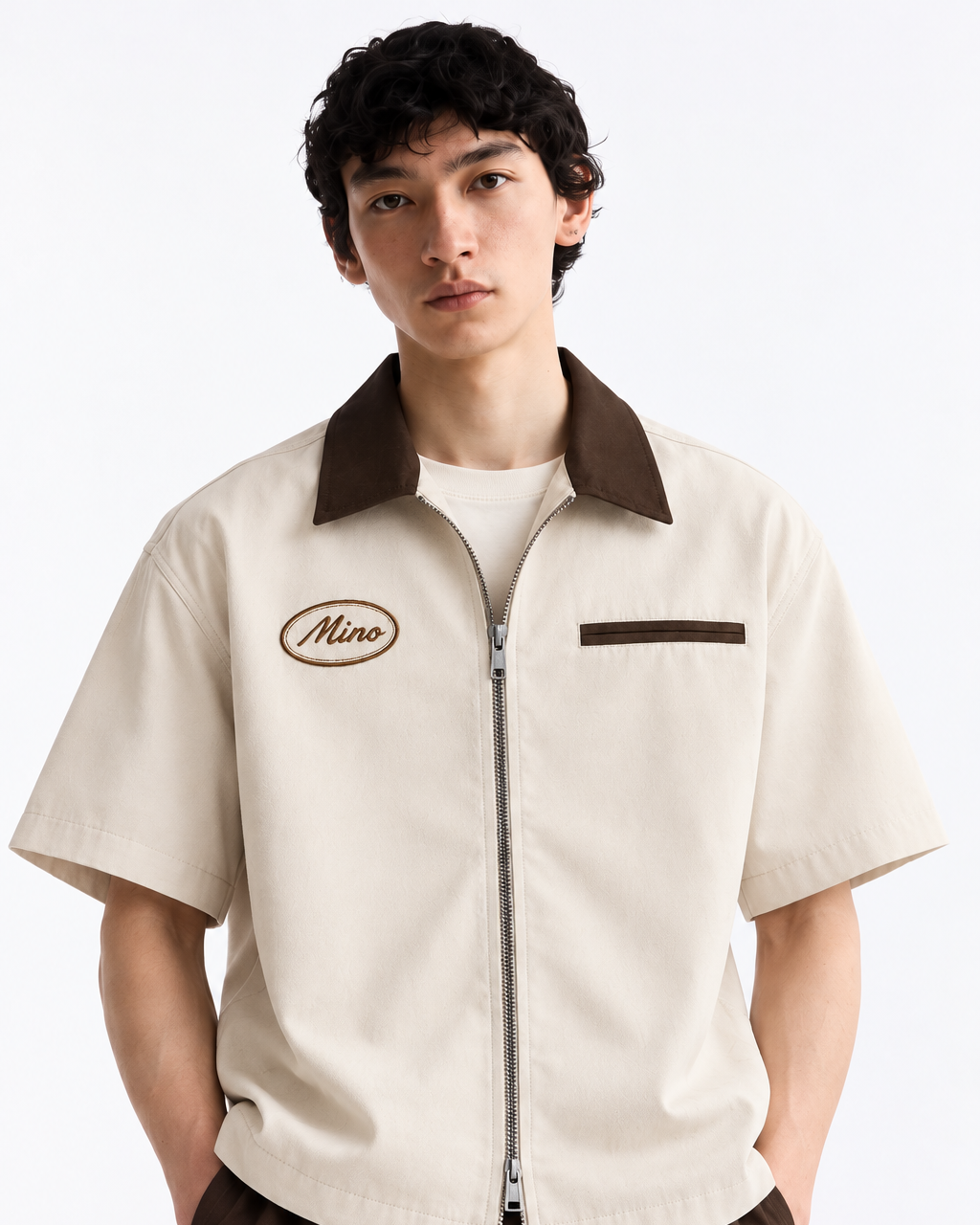 Dune- Contrast Collar Boxy Fit Utility Zip Shirt – Beige