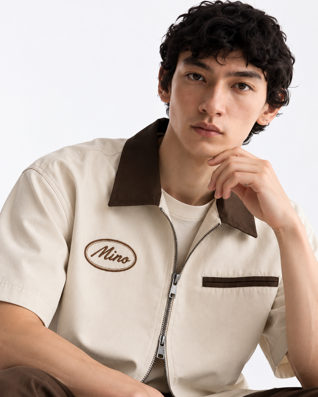 Dune- Contrast Collar Boxy Fit Utility Zip Shirt – Beige