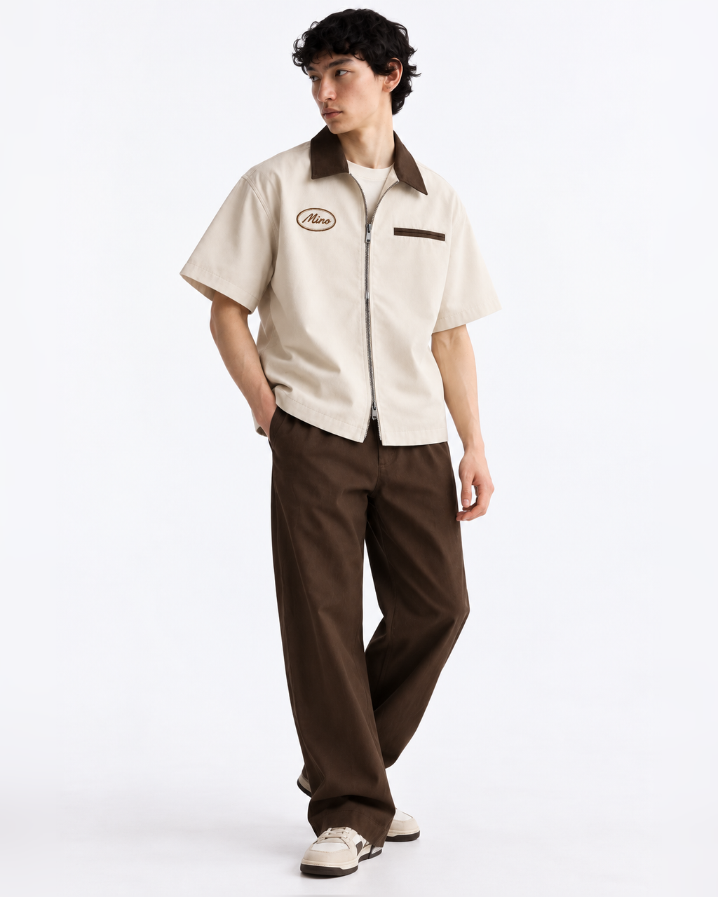 Dune- Contrast Collar Boxy Fit Utility Zip Shirt – Beige