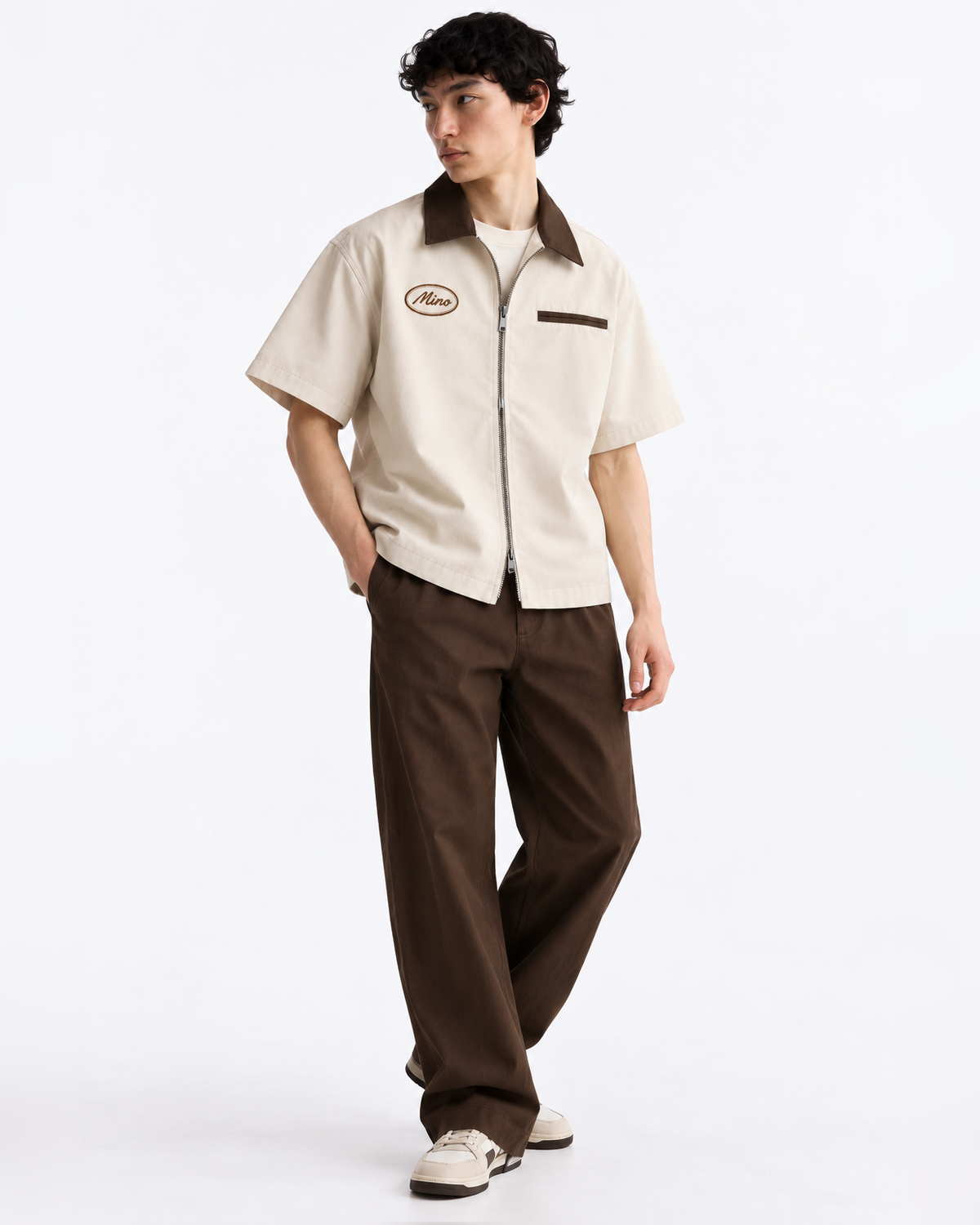 Dune- Contrast Collar Boxy Fit Utility Zip Shirt – Beige