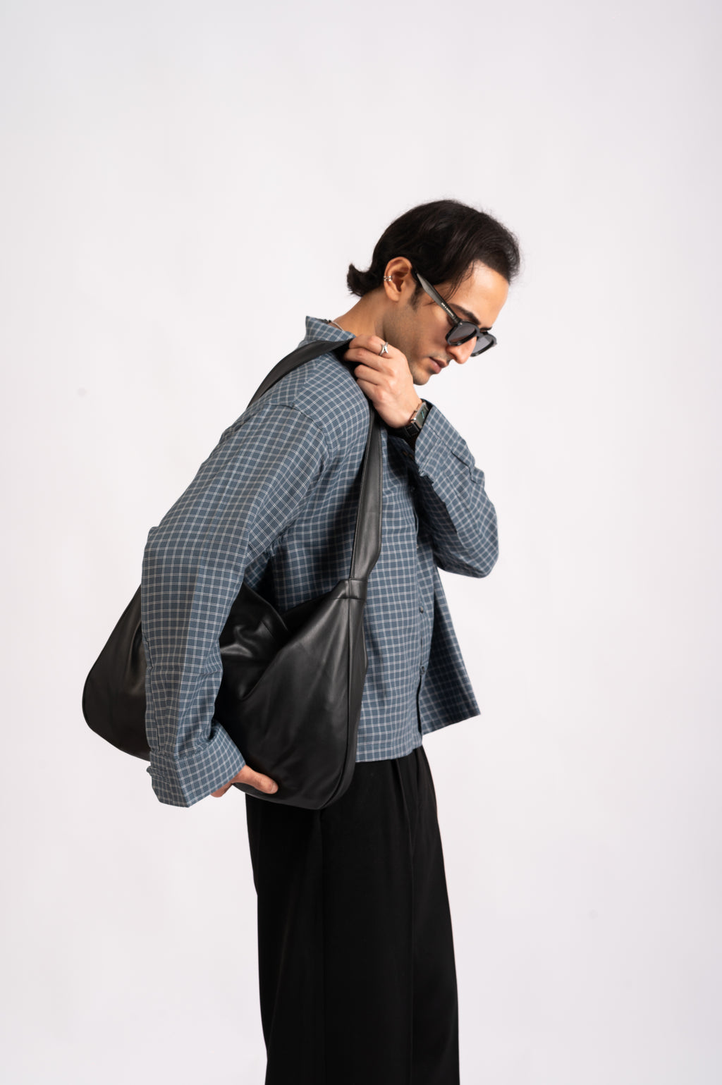Slate Check Cropped Mandarin Boxy Fit Shirt- Navy Blue