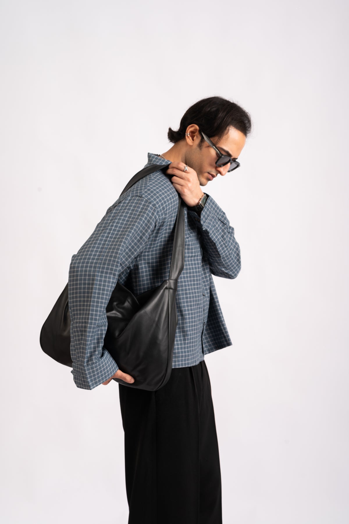 Slate Check Cropped Mandarin Boxy Fit Shirt- Navy Blue