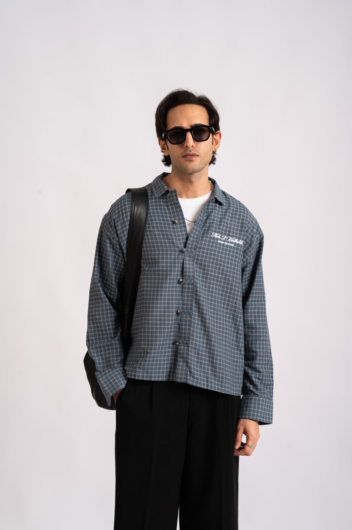 Slate Check Cropped Mandarin Boxy Fit Shirt- Navy Blue