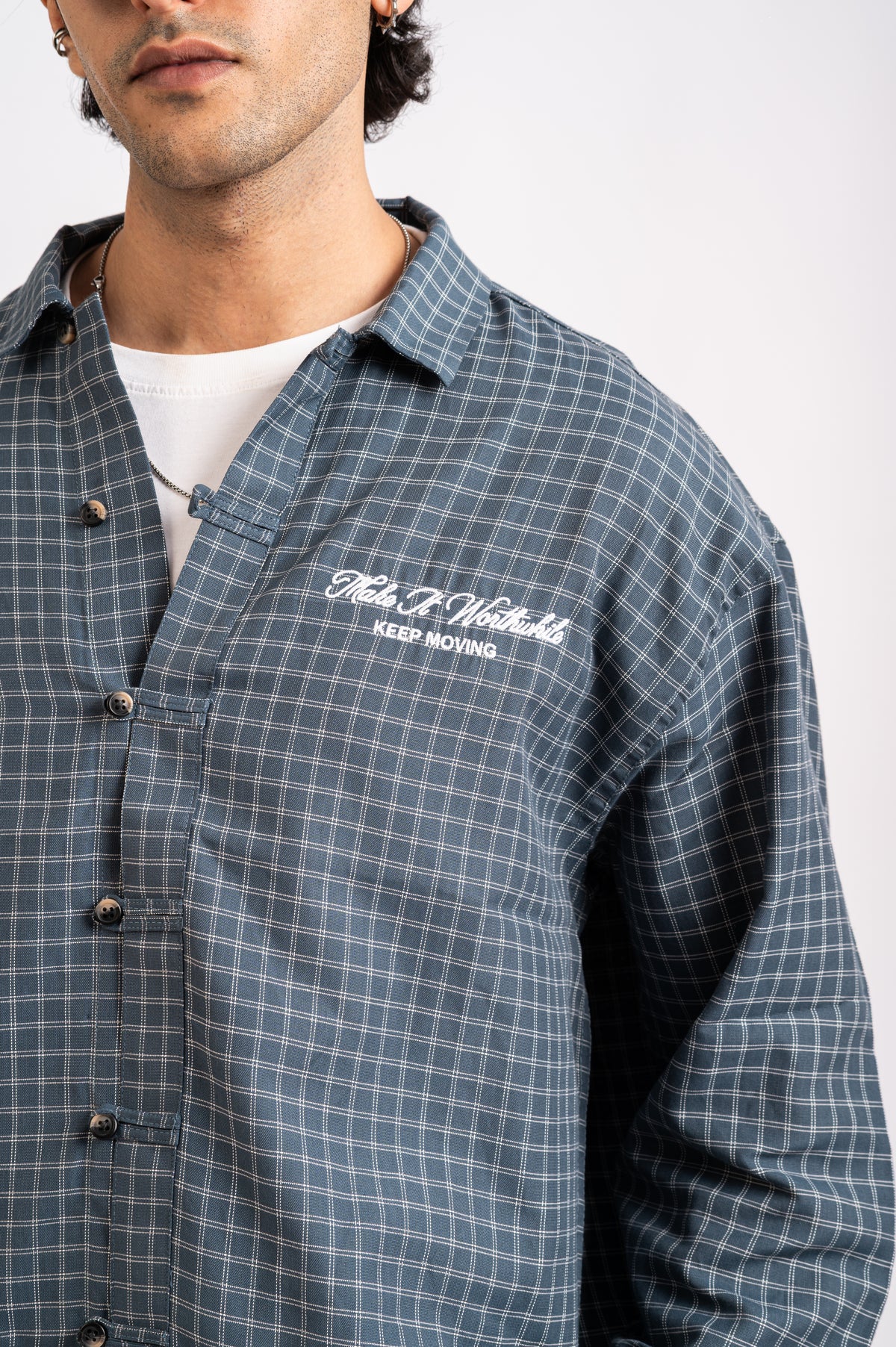 Slate Check Cropped Mandarin Boxy Fit Shirt- Navy Blue