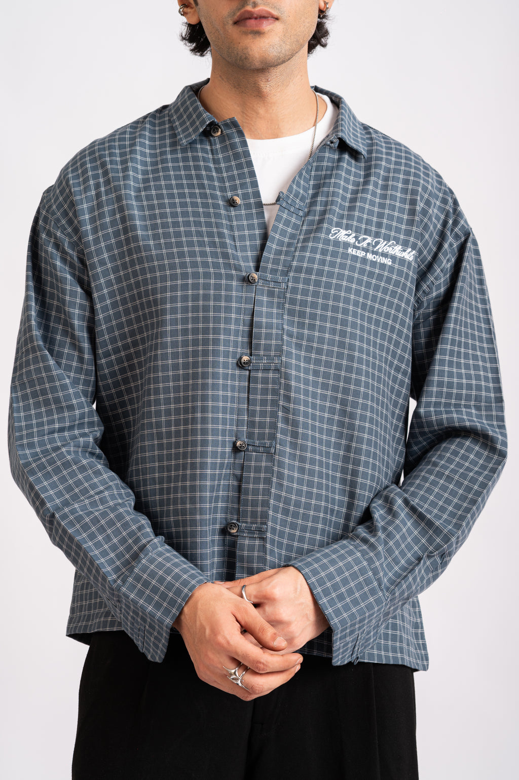 Slate Check Cropped Mandarin Boxy Fit Shirt- Navy Blue