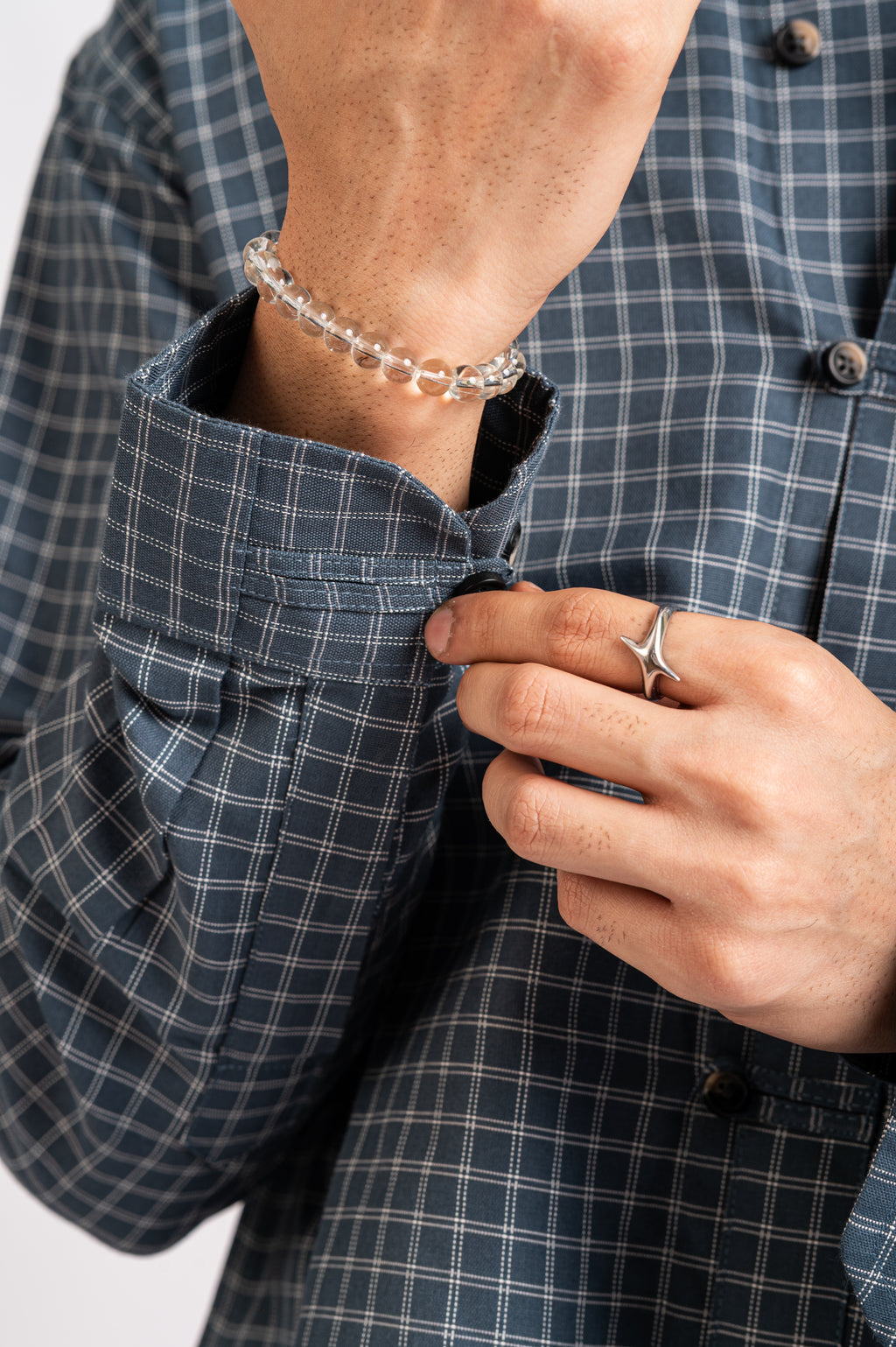 Slate Check Cropped Mandarin Boxy Fit Shirt- Navy Blue