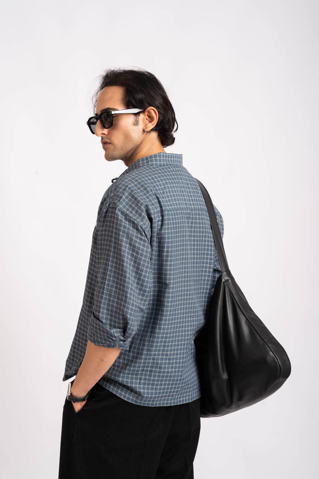 Slate Check Cropped Mandarin Boxy Fit Shirt- Navy Blue