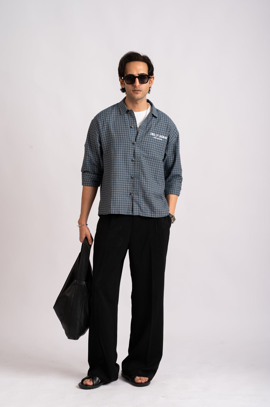 Slate Check Cropped Mandarin Boxy Fit Shirt- Navy Blue