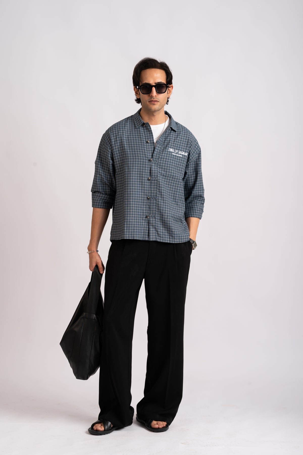 Slate Check Cropped Mandarin Boxy Fit Shirt- Navy Blue
