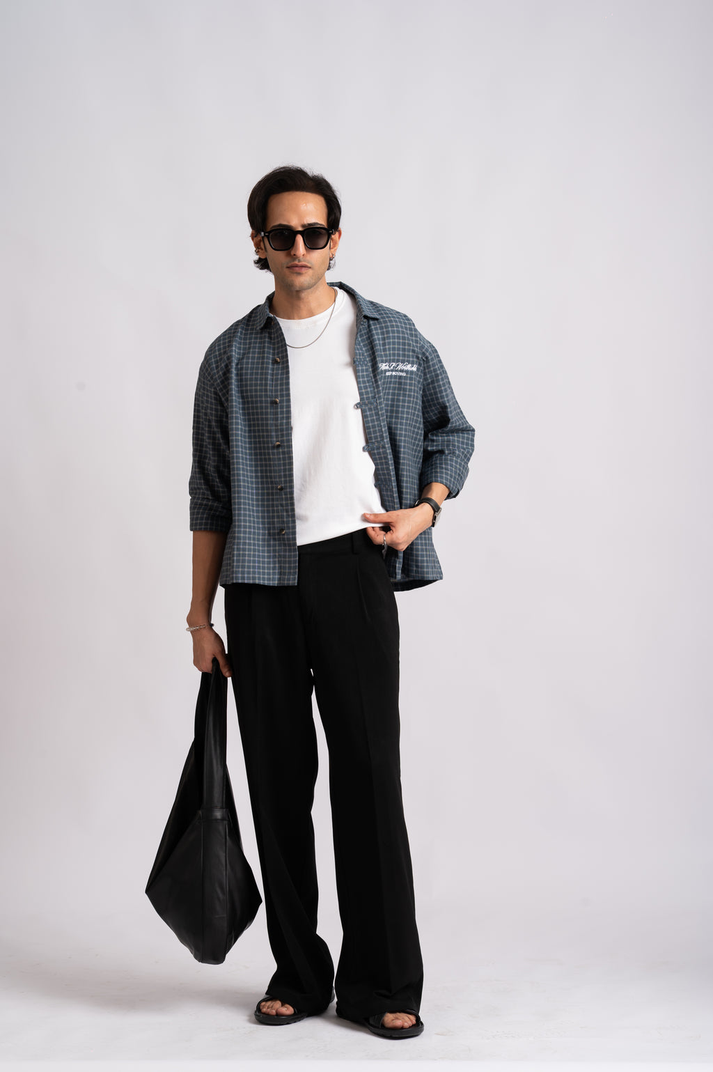 Slate Check Cropped Mandarin Boxy Fit Shirt- Navy Blue