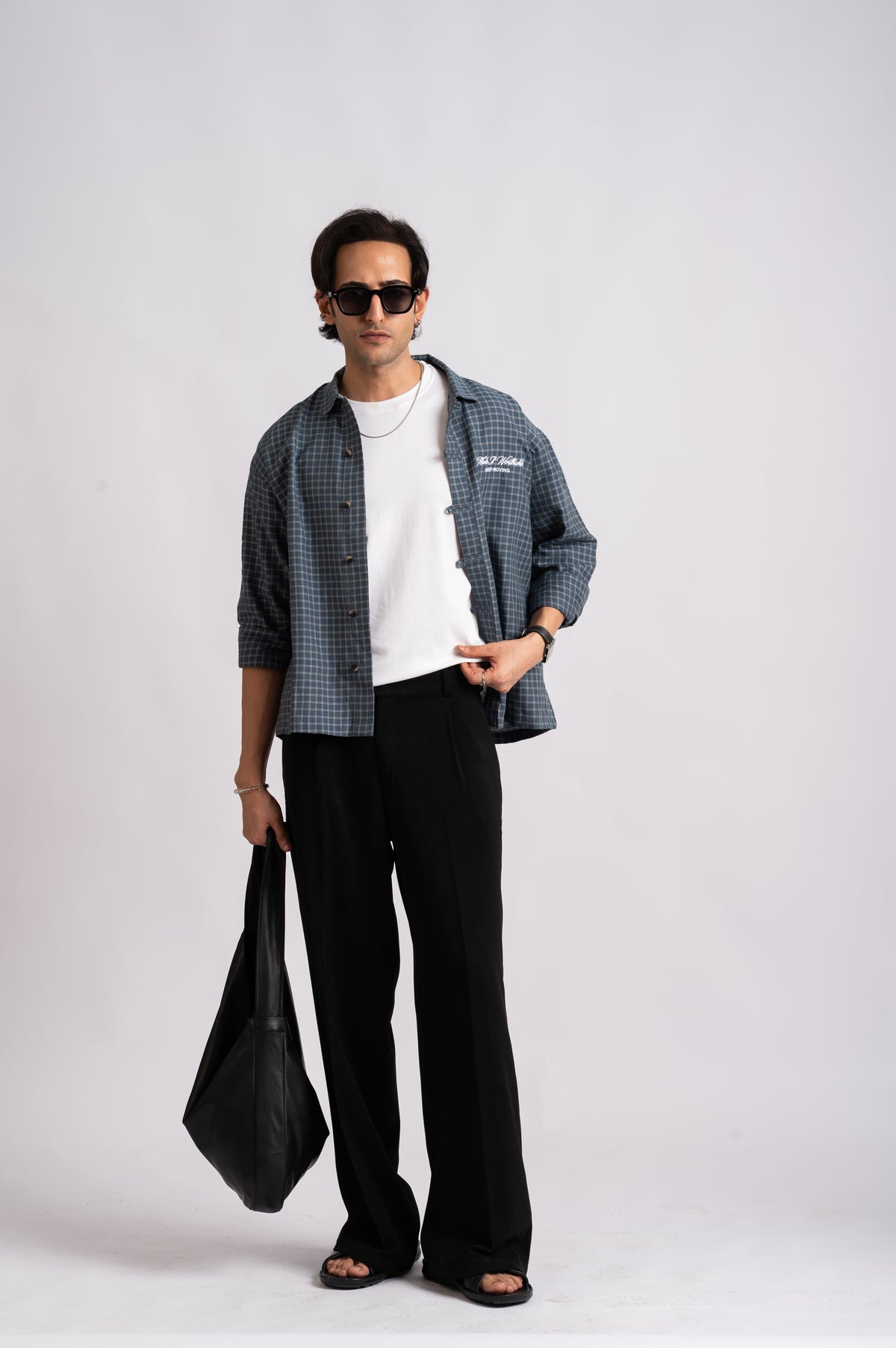 Slate Check Cropped Mandarin Boxy Fit Shirt- Navy Blue