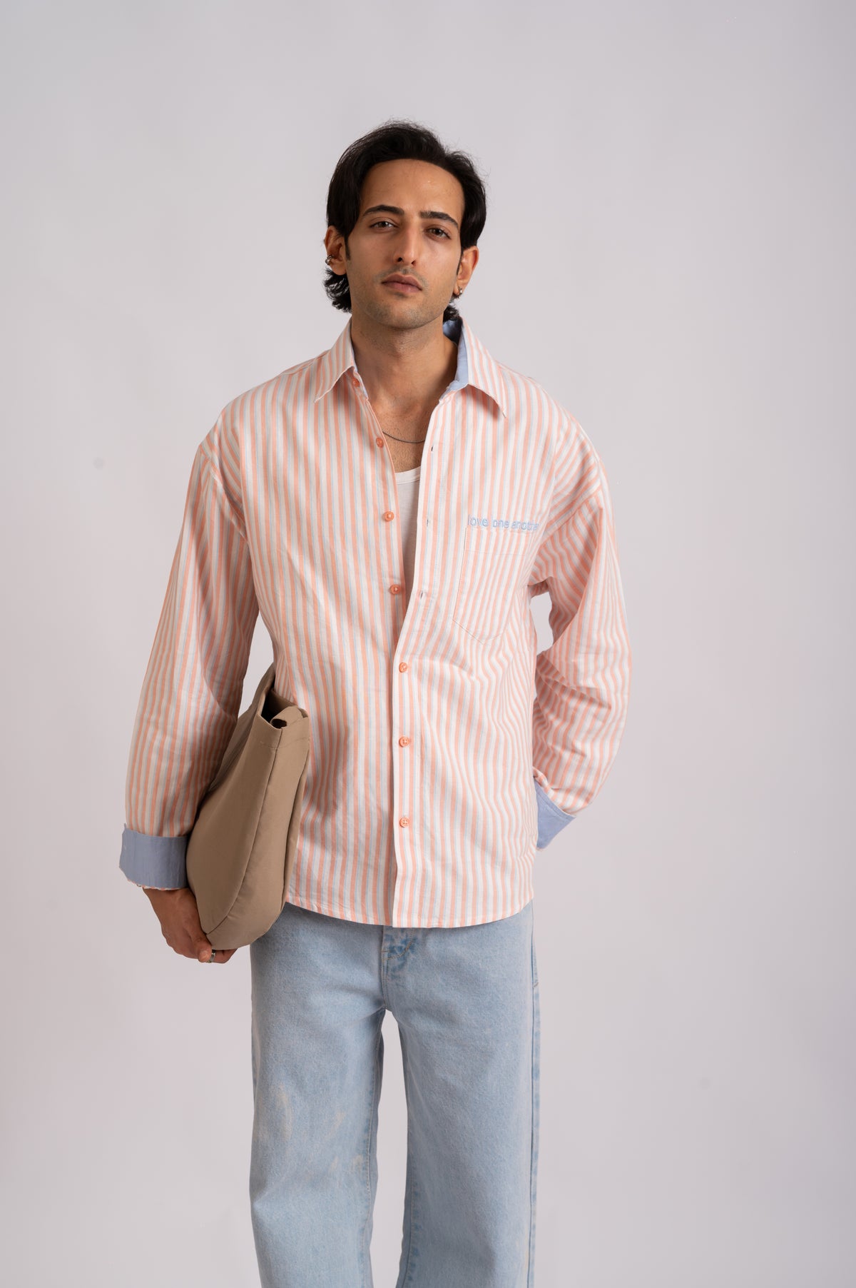 Seasalt- Ivory, Peach & Powder Blue Stripe Cotton Shirt- Relaxed Fit