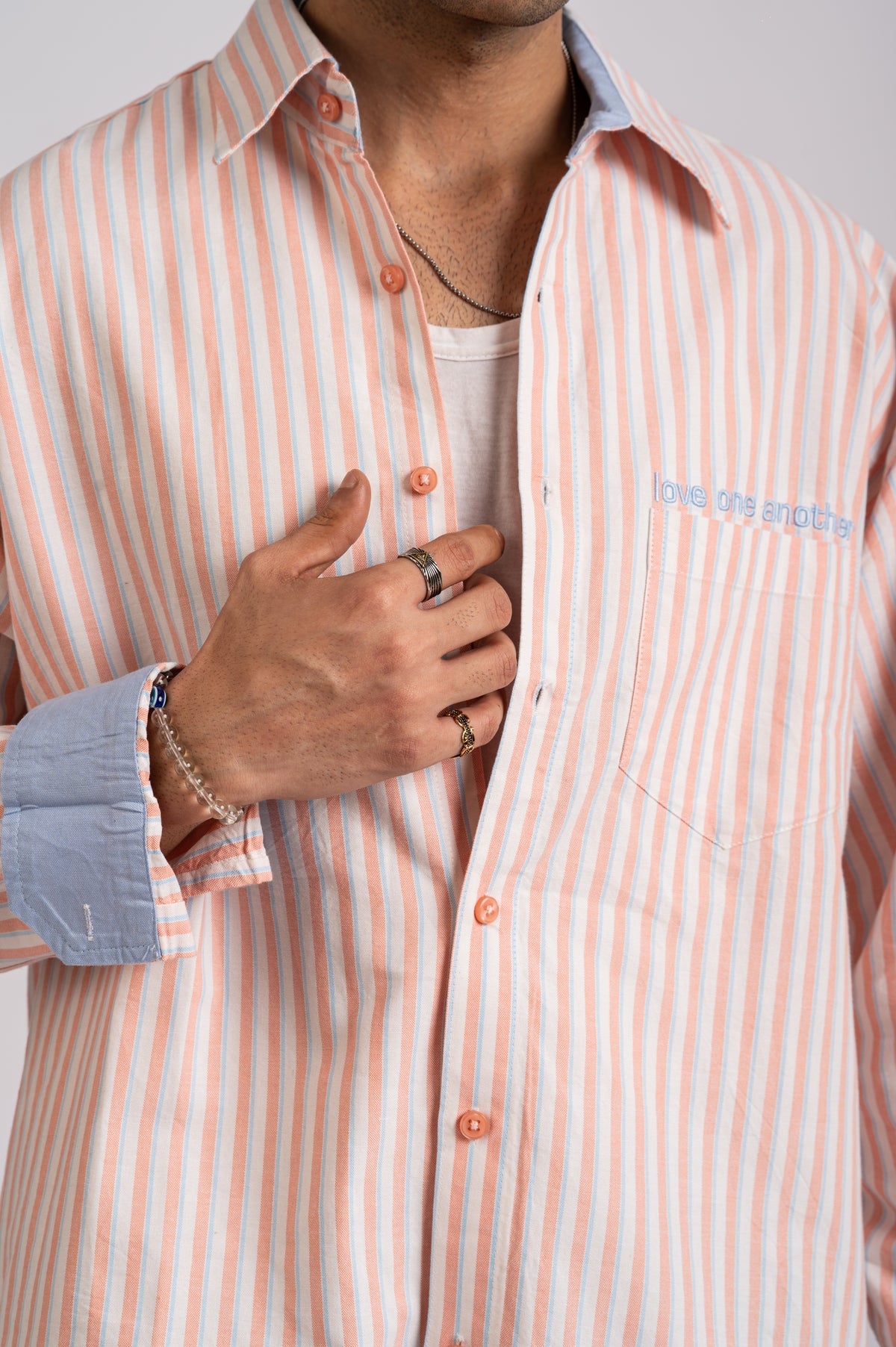 Seasalt- Ivory, Peach & Powder Blue Stripe Cotton Shirt- Relaxed Fit