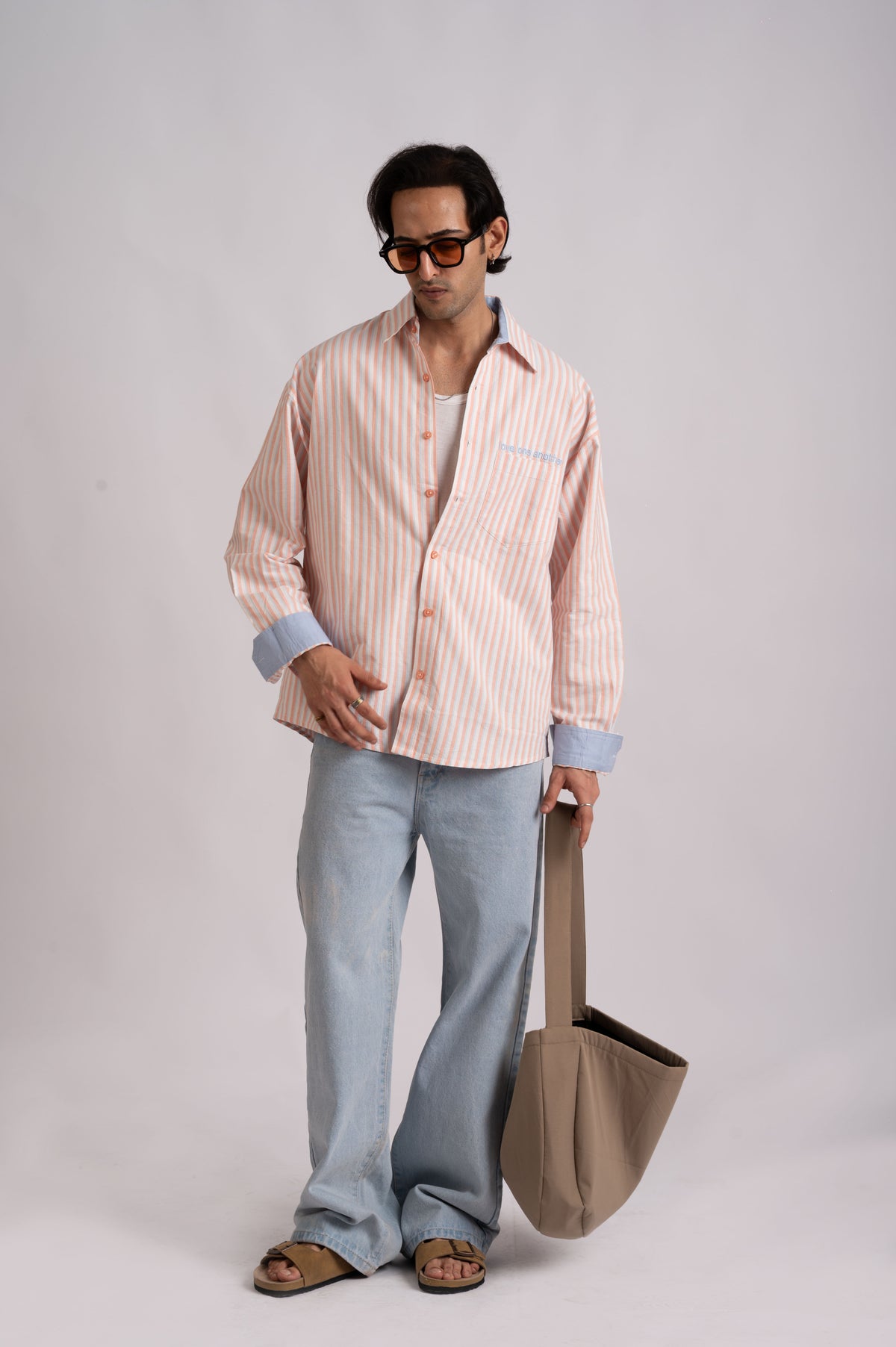 Seasalt- Ivory, Peach & Powder Blue Stripe Cotton Shirt- Relaxed Fit