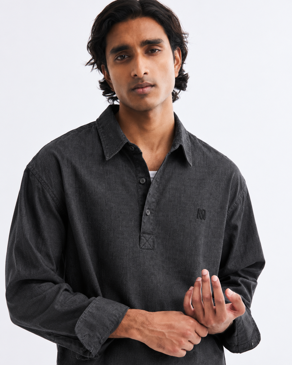 Washed Black Denim Half-Placket Boxy-Fit Shirt