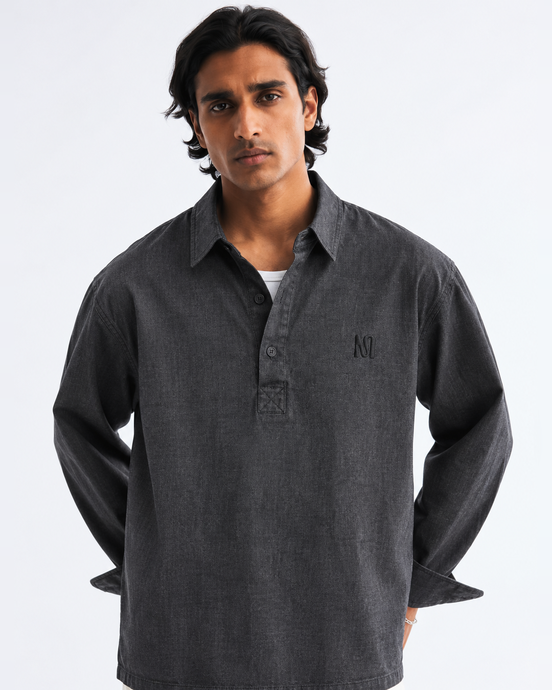 Washed Black Denim Half-Placket Boxy-Fit Shirt